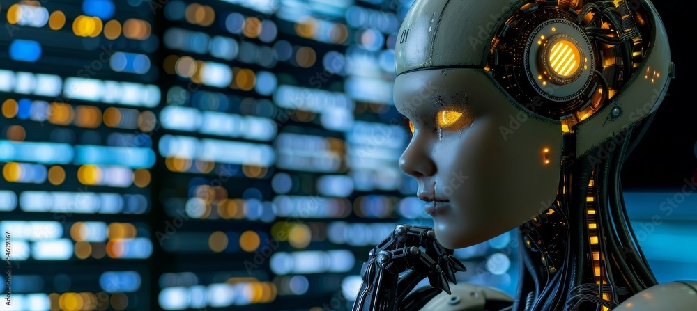 Portrait of a Female Android with Glowing Eyes Against a Futuristic Cityscape at Night Portrait of a Female Android with Glowing Eyes Against a Futuristic Cityscape at Night