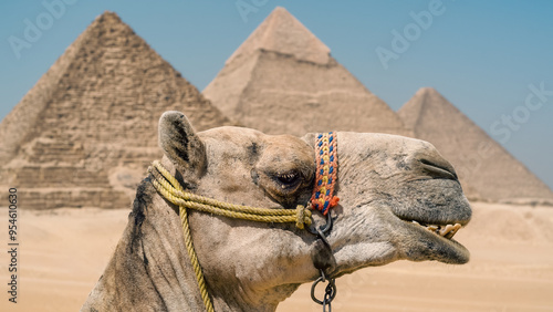 camel head against the background of the Cheops pyramid in Giza Egypt photo