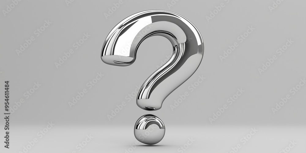 A silver question mark is shown in a white background. The silver color of the question mark gives it a shiny and reflective appearance A silver question mark is shown in a white background. The silver color of the question mark gives it a shiny and reflective appearance