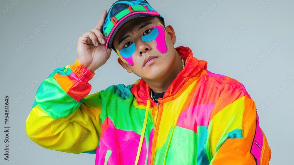 In a striking neon tracksuit, an Asian man confidently showcases his bold style with colorful accessories against a neutral backdrop In a striking neon tracksuit, an Asian man confidently showcases his bold style with colorful accessories against a neutral backdrop