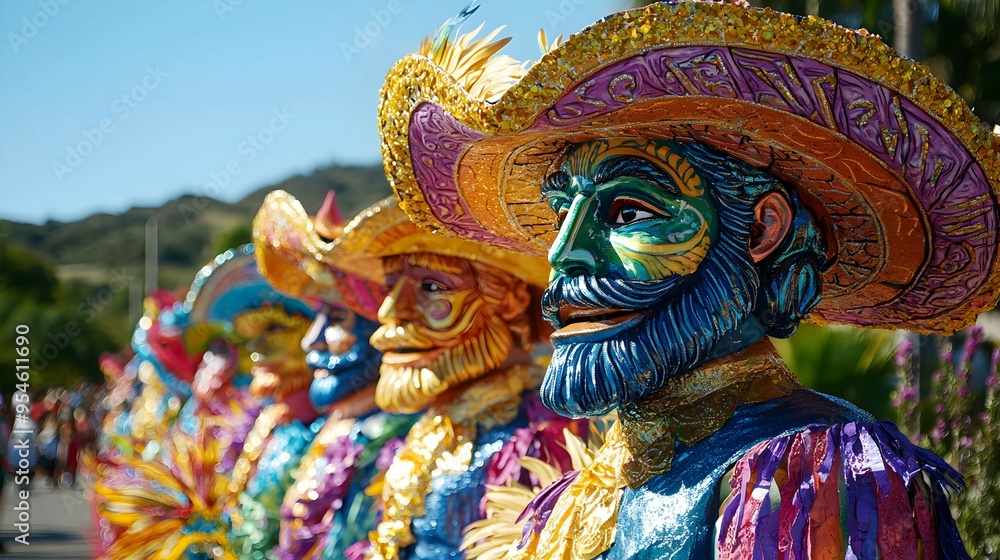 Colorful Carnival Masks with Hat and Blue Beard in Parade Colorful Carnival Masks with Hat and Blue Beard in Parade
