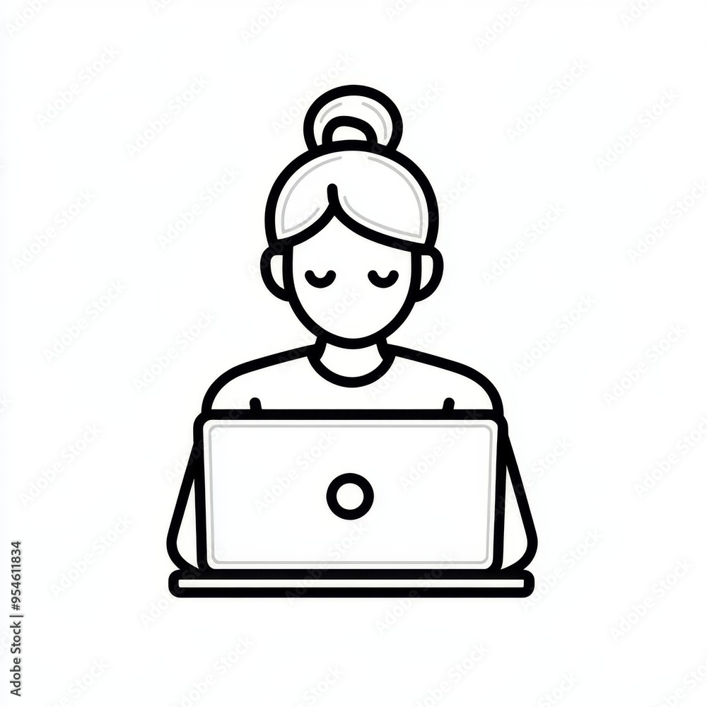 A simple icon depicting a person sitting in front of a laptop, with a bold outline and a white background. The illustration style is vector, with a line art and flat design approach. It is A simple icon depicting a person sitting in front of a laptop, with a bold outline and a white background. The illustration style is vector, with a line art and flat design approach. It is