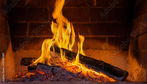 Bright Flames Illuminate a Burning Fire in a Fireplace and Copy Space