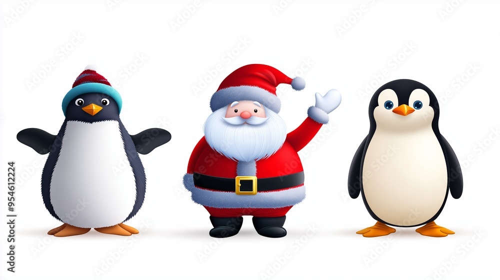 Fototapeta premium Three penguins are standing in front of a Santa Claus. The penguins are wearing hats and the Santa is waving. The image has a cheerful and festive mood
