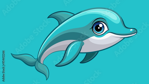 minimalistic dolphin with big, playful eyes, swimming against a solid turquoise background