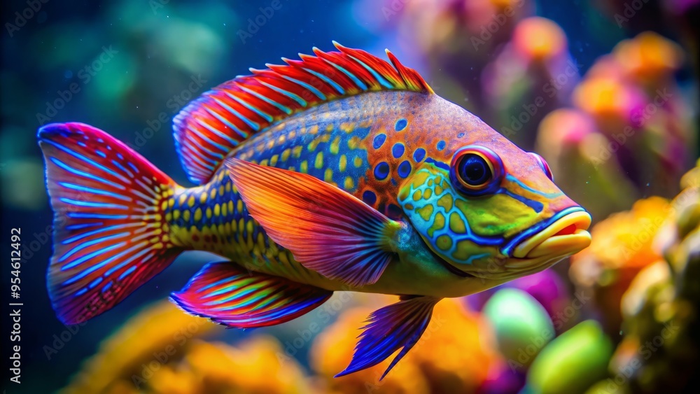 The majestic fish boasts a kaleidoscope of colors, its scales shimmering turquoise, orange, and yellow, adorned with a The majestic fish boasts a kaleidoscope of colors, its scales shimmering turquoise, orange, and yellow, adorned with a