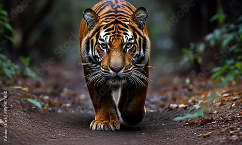 Wallpaper Mural A close-up of a tiger walking through a forested path, showcasing its striking features. Torontodigital.ca