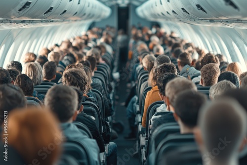 A crowded airplane with many people sitting in the seats