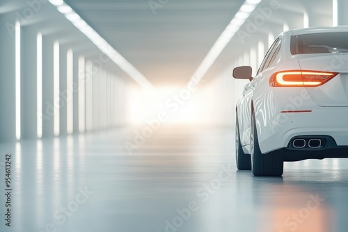 A white car is parked in a long, empty tunnel