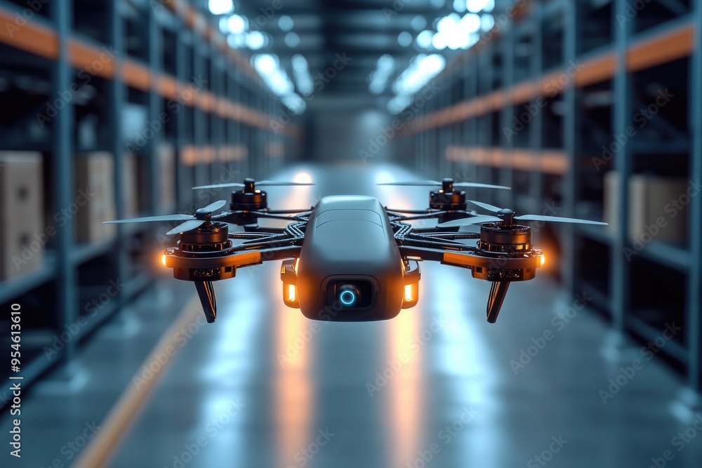 A drone is flying in a warehouse. The drone is black and yellow. The warehouse is dark and empty A drone is flying in a warehouse. The drone is black and yellow. The warehouse is dark and empty