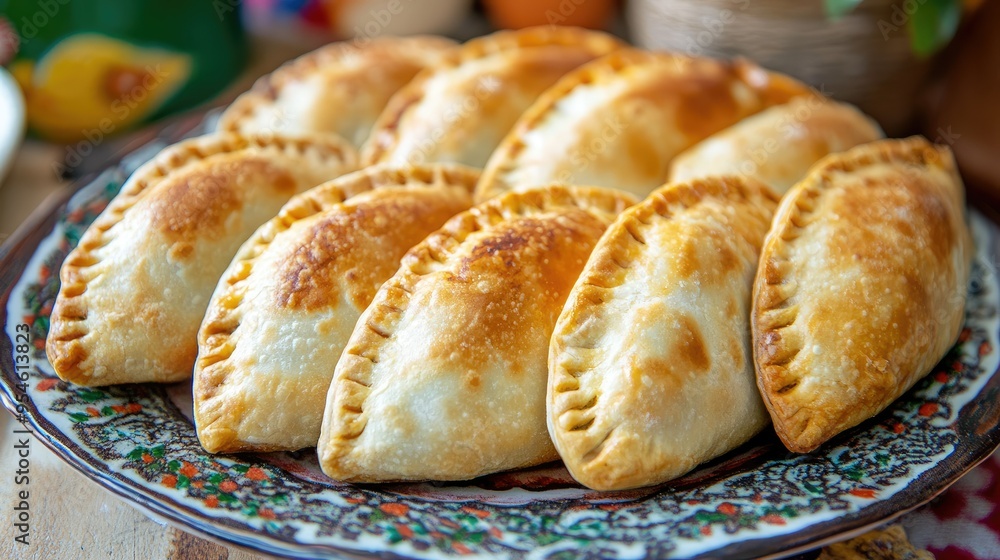 A batch of Argentinian empanadas, arranged neatly on a platter, ready to be served. A batch of Argentinian empanadas, arranged neatly on a platter, ready to be served.