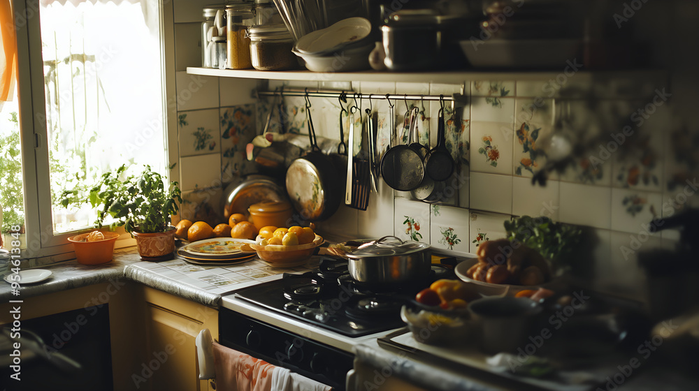 A warm kitchen scene filled with fresh fruits, utensils, and cooking preparation, evoking a sense of home cooking and everyday charm A warm kitchen scene filled with fresh fruits, utensils, and cooking preparation, evoking a sense of home cooking and everyday charm
