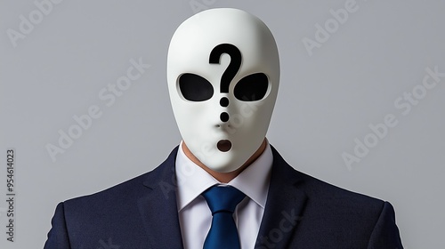 A man wearing a suit and tie with a mask on his face. The mask has a question mark on it photo