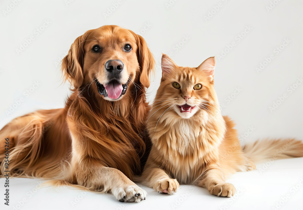 Happy dog and cat sitting together isolated on White background AI Image Happy dog and cat sitting together isolated on White background AI Image