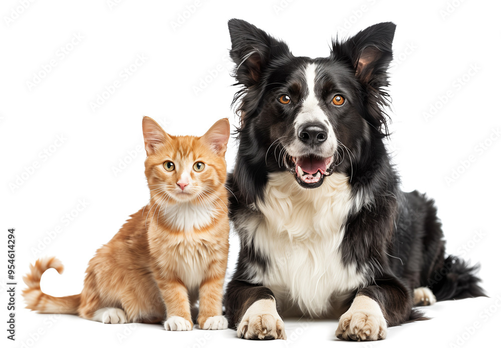 Happy dog and cat sitting together isolated on White background AI Image Happy dog and cat sitting together isolated on White background AI Image