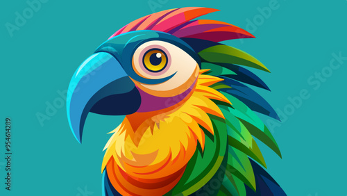 minimalistic parrot with large, colorful eyes, perched against a solid teal background