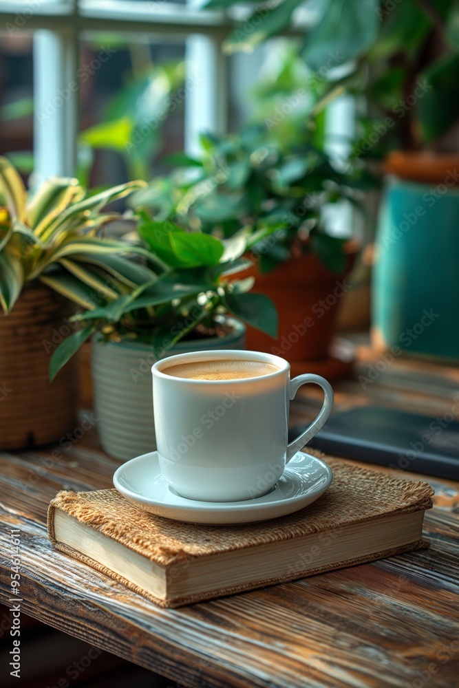 White coffee cup on a saucer placed on a closed book, with potted plants in the background near a window. Cozy indoor scene with natural light. White coffee cup on a saucer placed on a closed book, with potted plants in the background near a window. Cozy indoor scene with natural light.
