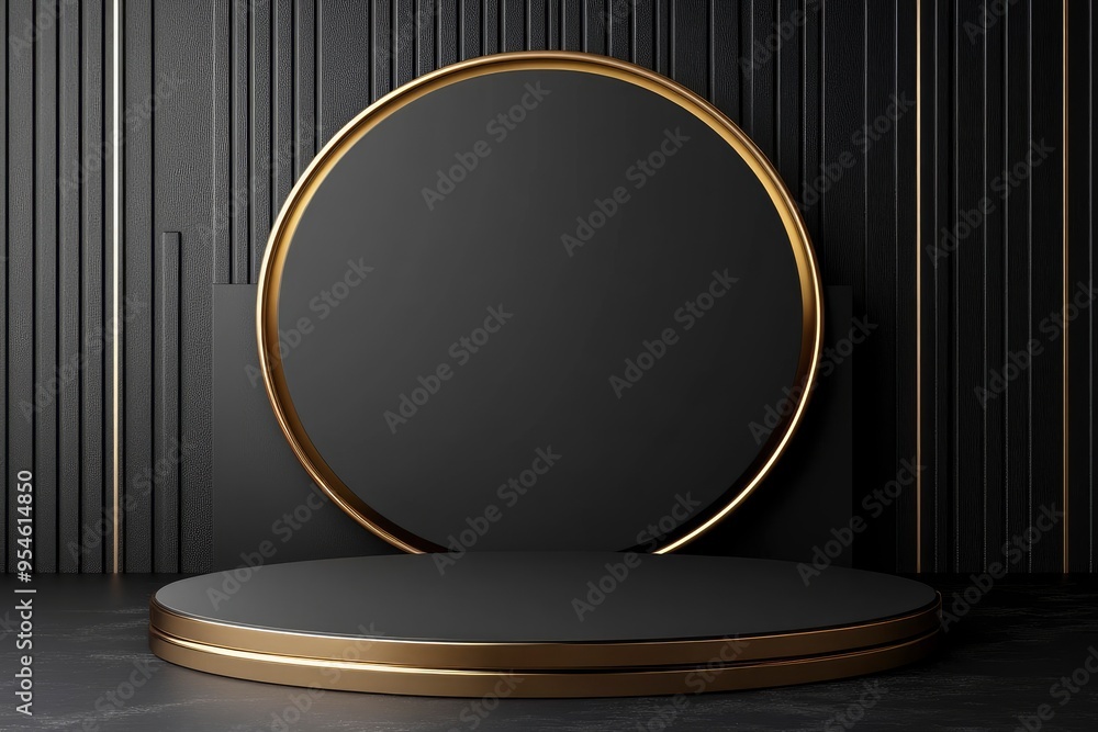 3D black round corner pedestal podium background with golden ring and semi circle wall scene. with generative ai 3D black round corner pedestal podium background with golden ring and semi circle wall scene. with generative ai
