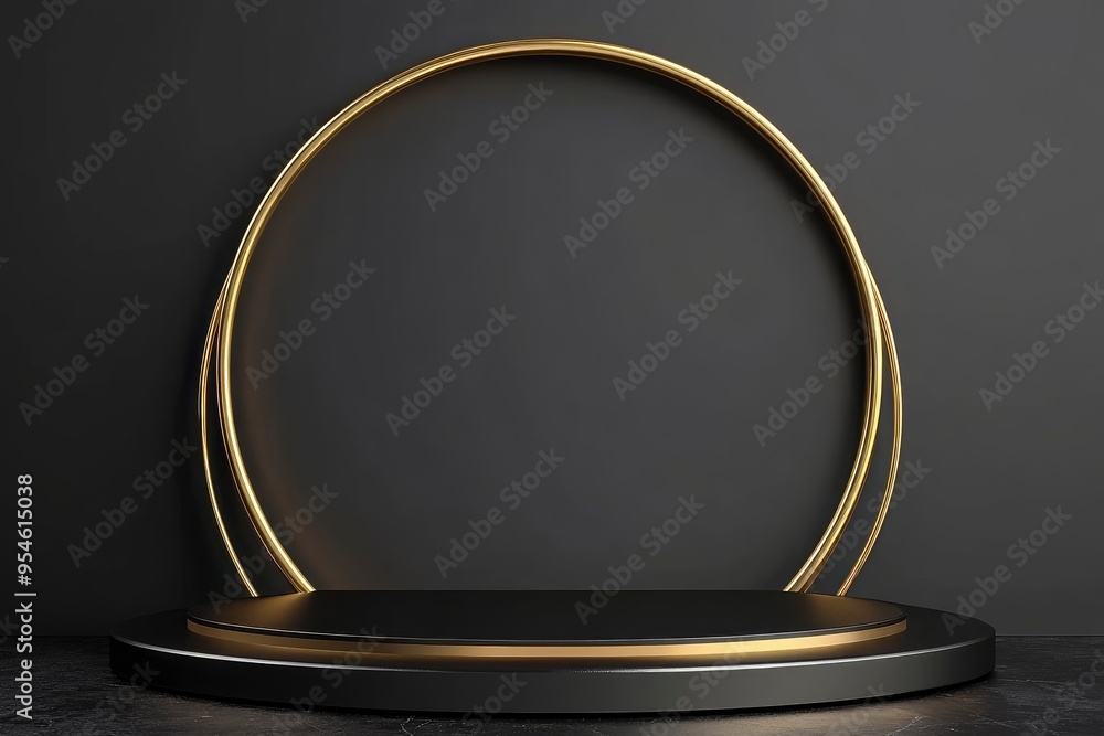 3D black round corner pedestal podium background with golden ring and semi circle wall scene. with generative ai 3D black round corner pedestal podium background with golden ring and semi circle wall scene. with generative ai