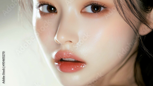 Close-up of the model, delicately applying lip gloss with her lips slightly parted, highlighting the glossy texture of the lip gloss under the soft lighting.