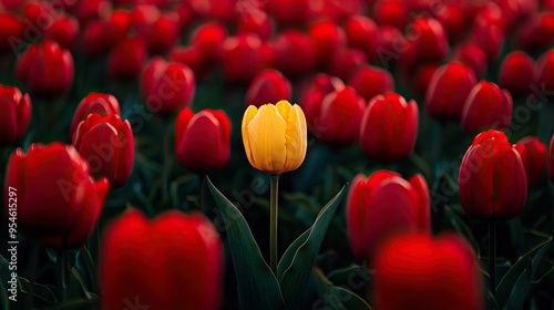 A close-up of one yellow tulip surrounded by red tulips in a blooming field, highlighting its unique beauty. photo