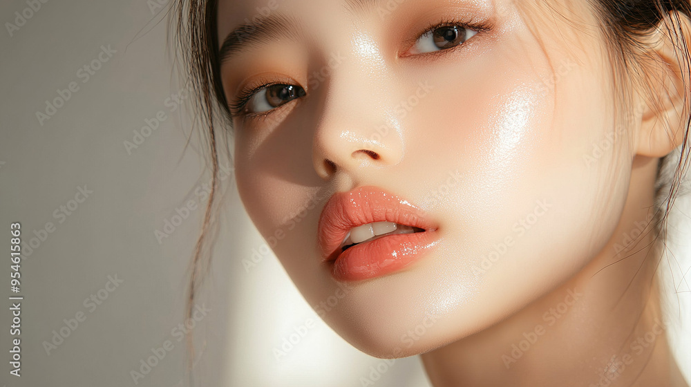 Close-up of the model, delicately applying lip gloss with her lips slightly parted, highlighting the glossy texture of the lip gloss under the soft lighting. Close-up of the model, delicately applying lip gloss with her lips slightly parted, highlighting the glossy texture of the lip gloss under the soft lighting.