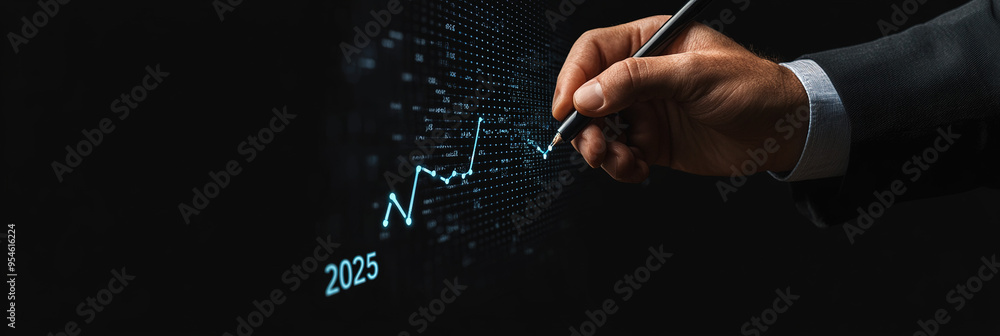 Fototapeta premium Hand of Businessman Sketching an Upward Trend Line Chart with 