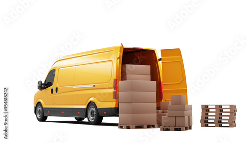 Yellow delivery van with cardboard boxes on pallets at rear photo