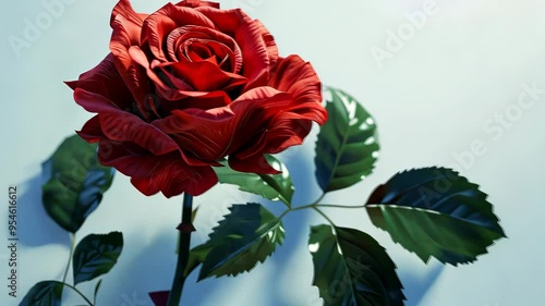 Red rose with green leaves on light background, romantic floral concept