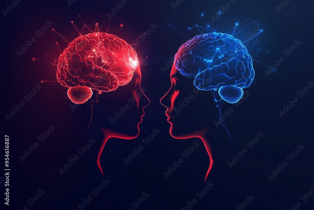 Attentive Mirror neurons Neon illustration of two brains connected by electric lines symbolizing the electrifying connection and communication of thoughts and ideas Attentive Mirror neurons Neon illustration of two brains connected by electric lines symbolizing the electrifying connection and communication of thoughts and ideas