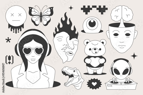 Y2k black minimal retro groovy neo gothic contemporary pop art icon set vector flat illustration. Psychedelic black comic trendy tattoo butterfly dinosaur alien bear teenager woman game over smiley