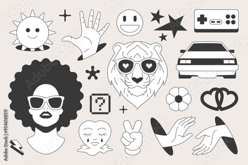 Y2k retro groovy minimal psychedelic icon trendy comic tattoo set vector flat illustration. Surreal black funky sticker disco woman hands vintage car heart character summer sun for t shirt print