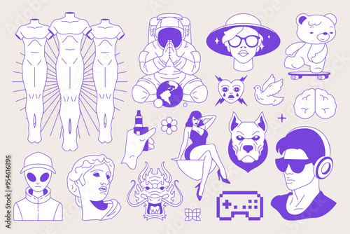 Y2k retro groovy blue ink psychedelic minimal icon set vector flat illustration. Comic character monochrome sketch trendy sticker surreal sculpture cosmonaut dog bear alien pin up woman pixel gamepad