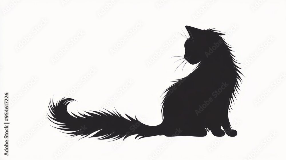 Obraz premium A silhouette of a fluffy cat in profile, showcasing its elegant posture and tail.