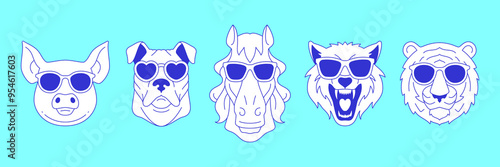 Y2k comic animal portrait in sunglasses contemporary pop art line icon set vector flat illustration. Funky pig horse tiger wolf and dog head wearing stylish summer eyeglasses fashion concept