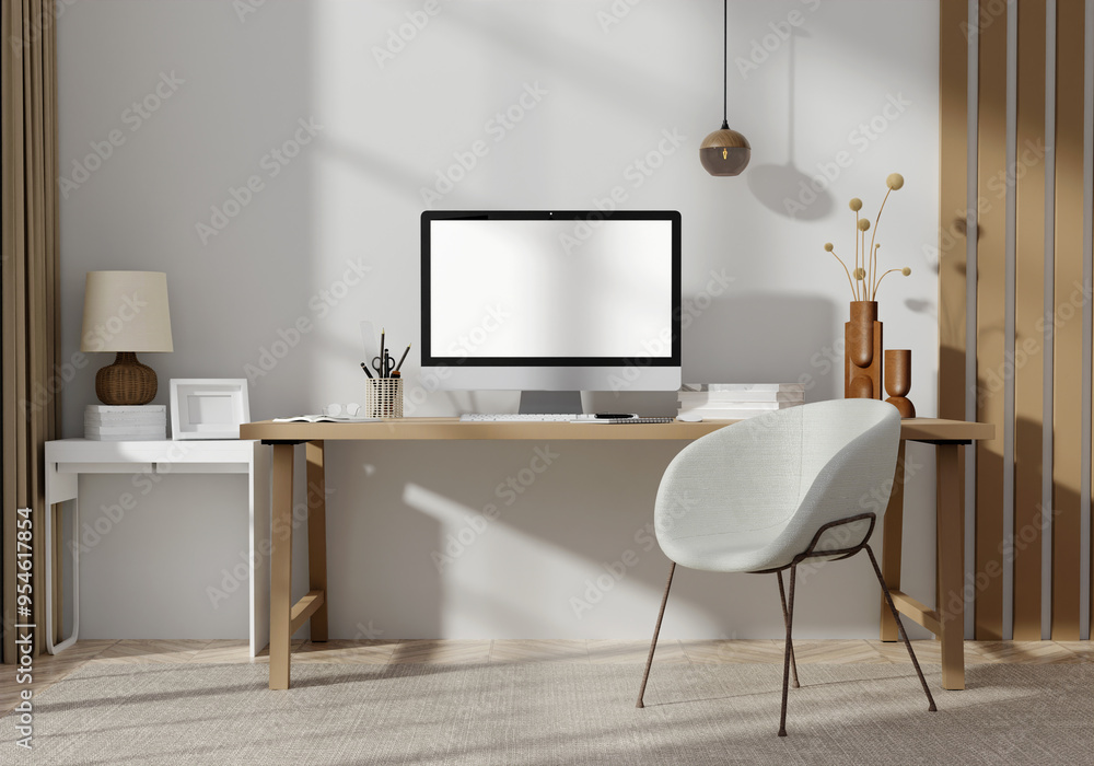 Fototapeta premium Elegant Office Desk with Computer and Chair - Professional Workspace 3D rendering