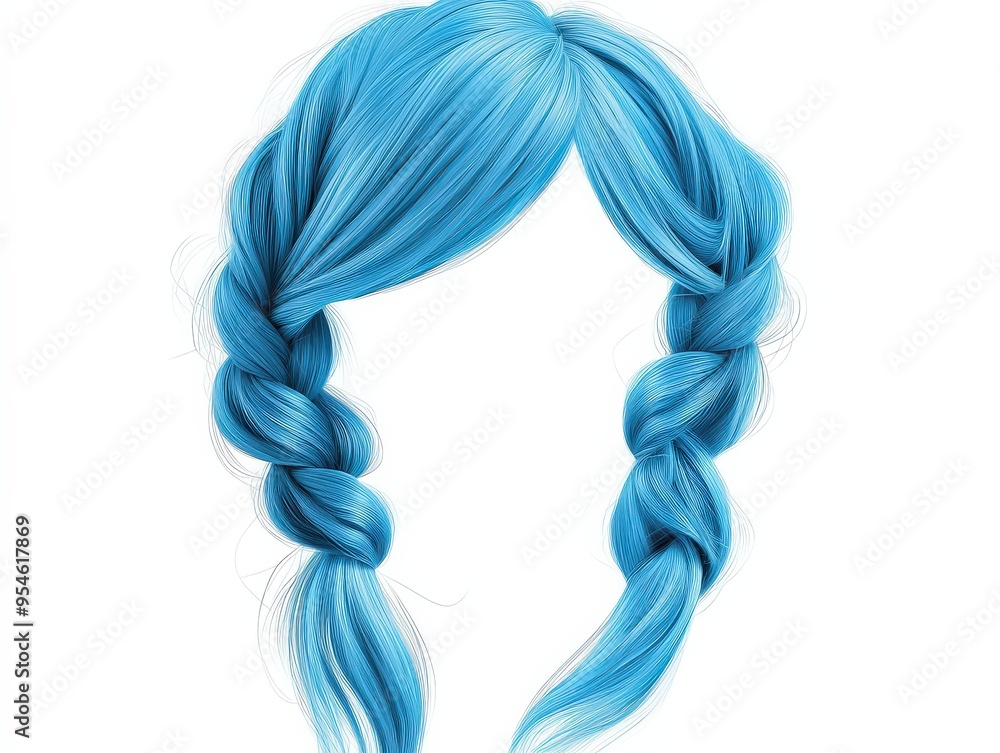 Fototapeta premium Braided Side Ponytail Aqua Blue Wig On White Background, Perfect For Cheerful Characters, Energetic Avatars, And Fun Cosplay Events . Generative ai