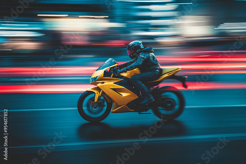 yellow motorbike rider at high speed along a highway, cyberpunk city, A motorcyclist rides a yellow sport bike down a city street, 3d rendering AI generative