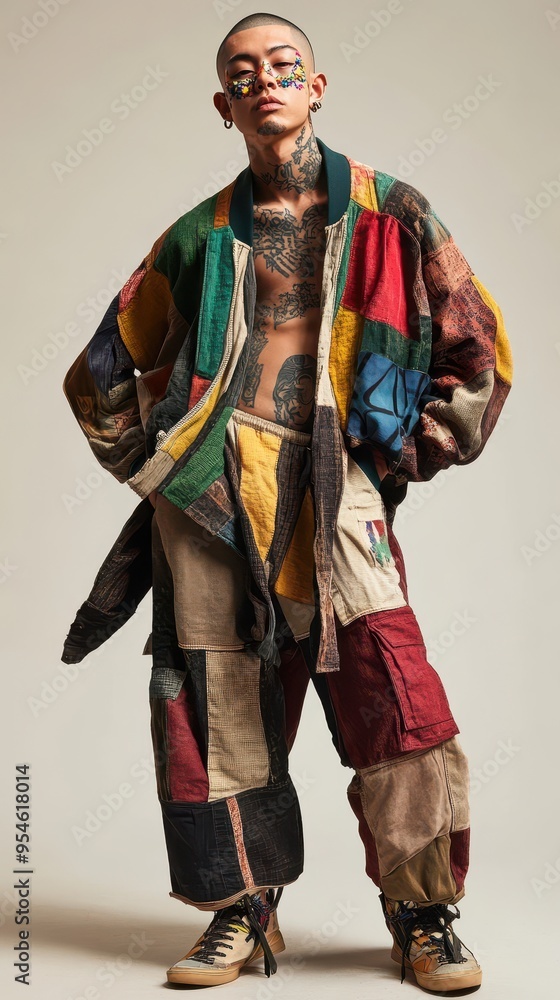 A stylish Asian man models a vibrant patchwork outfit, showcasing unique fashion choices and an expressive sense of individuality A stylish Asian man models a vibrant patchwork outfit, showcasing unique fashion choices and an expressive sense of individuality