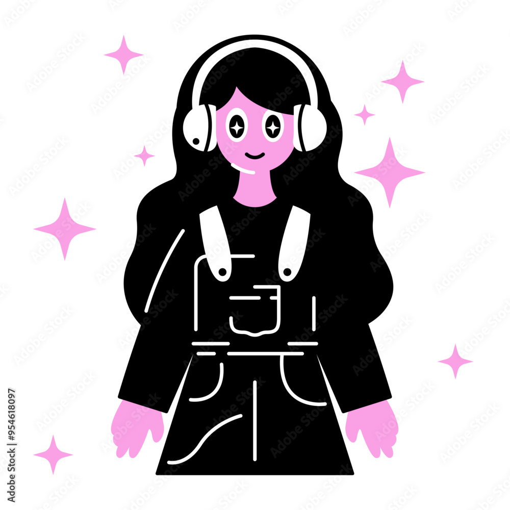 illustration of a girl in overalls and headphones in retro y2k style hand drawn illustration of a girl in overalls and headphones in retro y2k style hand drawn