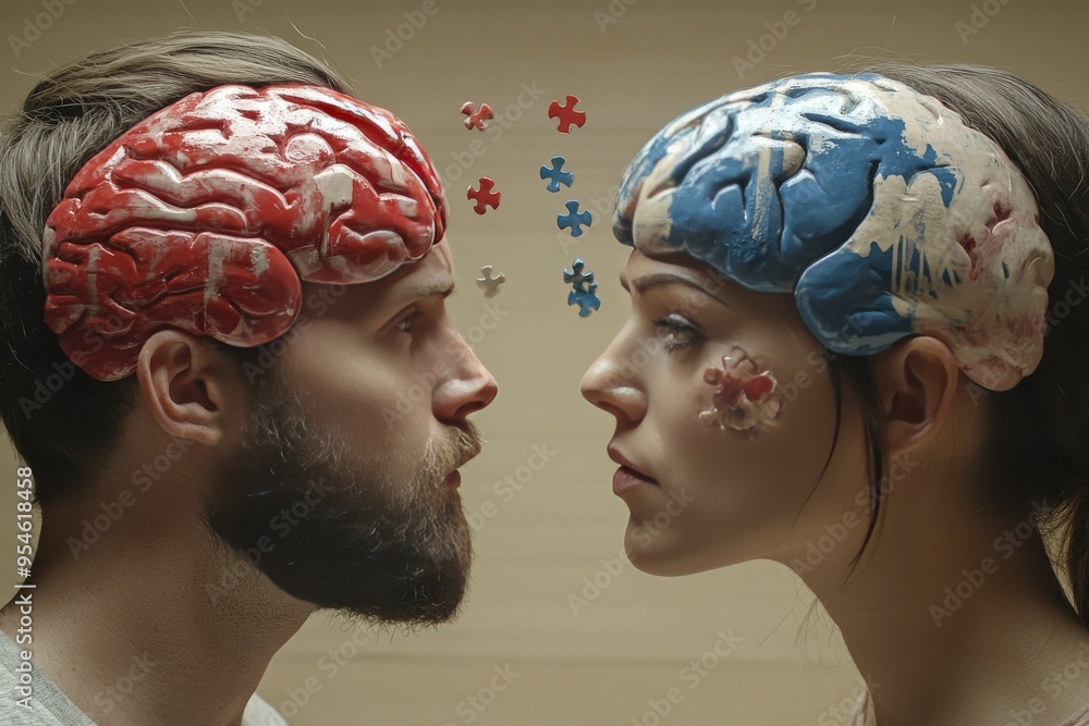 Responsive Mirror neurons Side profiles of a couple with puzzle pieces forming their brains symbolizing the challenge of fitting together thoughts and ideas in a relationship Responsive Mirror neurons Side profiles of a couple with puzzle pieces forming their brains symbolizing the challenge of fitting together thoughts and ideas in a relationship