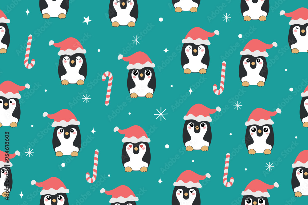 Seamless pattern with two cute penguins in a winter Santa Claus hat on a blue background with white snowflakes. Vector Seamless pattern with two cute penguins in a winter Santa Claus hat on a blue background with white snowflakes. Vector