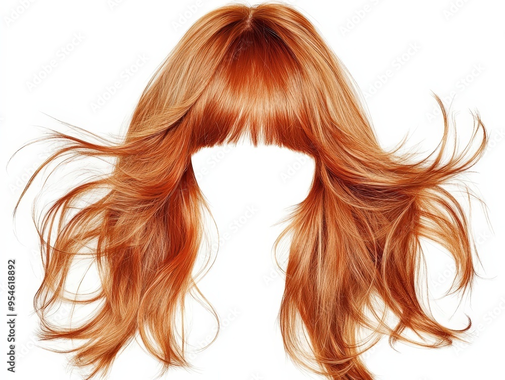 Messy Long Hair With Bangs Copper Orange Wig On White Background, Perfect For Adventurous Protagonists, Daring Characters, And Rugged Cosplay Looks . Generative ai Messy Long Hair With Bangs Copper Orange Wig On White Background, Perfect For Adventurous Protagonists, Daring Characters, And Rugged Cosplay Looks . Generative ai