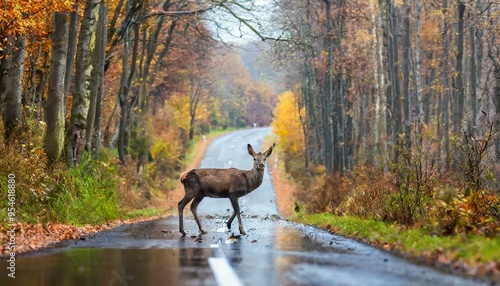 Wild animal accident in autumn on a wet road