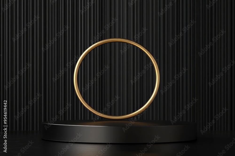 3D podium background. golden cylinder pedestal with golden ring on black wall scene. Black friday. Platforms mockup product display presentation. with generative ai 3D podium background. golden cylinder pedestal with golden ring on black wall scene. Black friday. Platforms mockup product display presentation. with generative ai