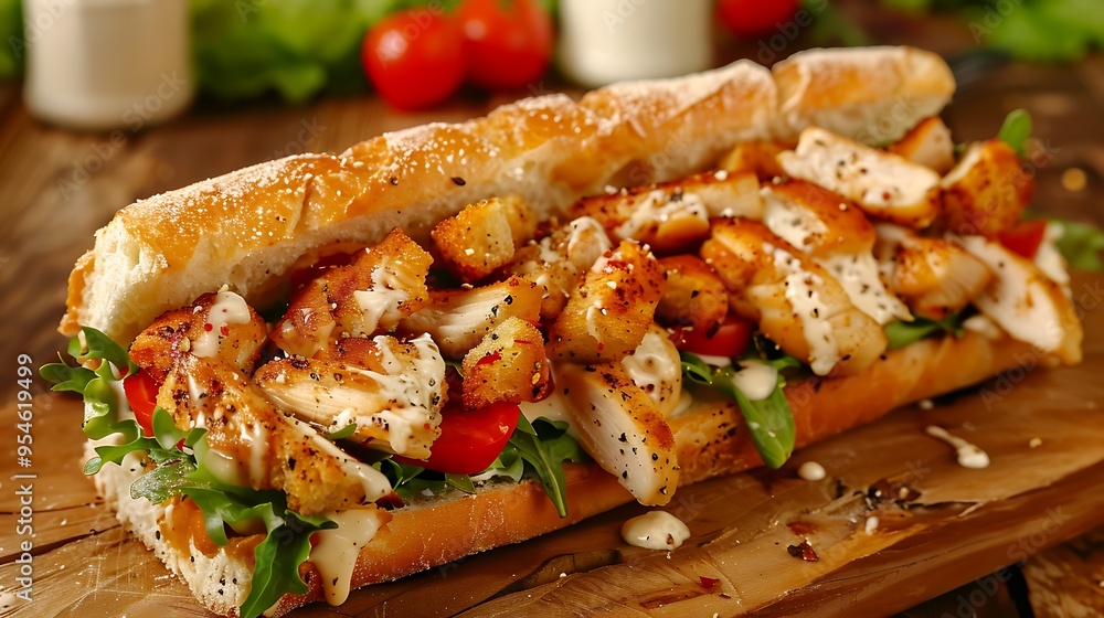 Delicious chicken caesar sandwich with croutons tomato products and creamy sauce Delicious chicken caesar sandwich with croutons tomato products and creamy sauce