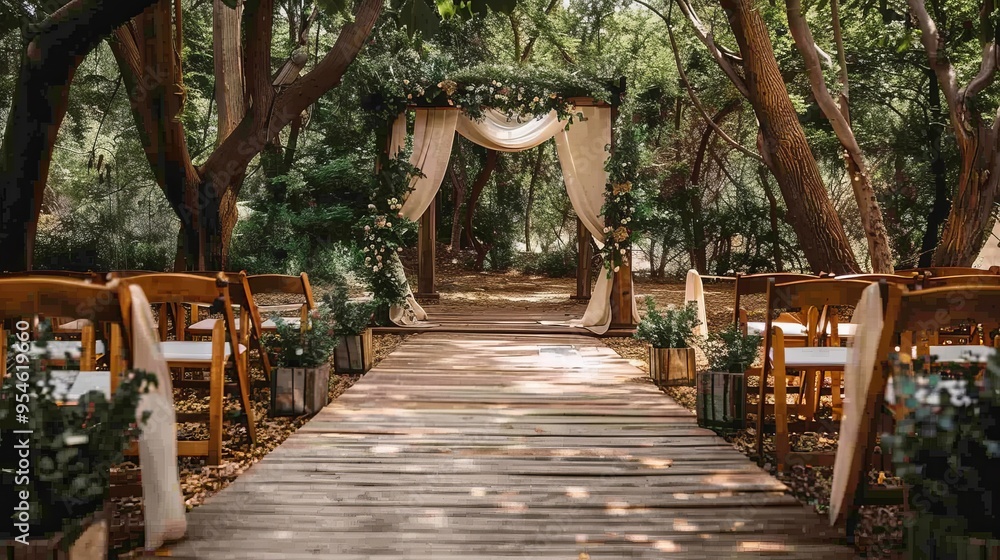 Rustic Outdoor Wedding Ceremony Aisle Decorated with Greenery and White Fabric, Natural Sunlight Rustic Outdoor Wedding Ceremony Aisle Decorated with Greenery and White Fabric, Natural Sunlight