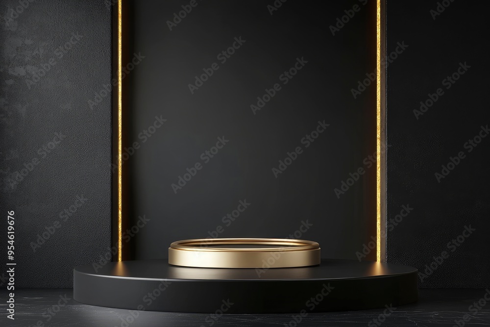 3D podium background. golden cylinder pedestal with golden ring on black wall scene. Black friday. Platforms mockup product display presentation. with generative ai 3D podium background. golden cylinder pedestal with golden ring on black wall scene. Black friday. Platforms mockup product display presentation. with generative ai