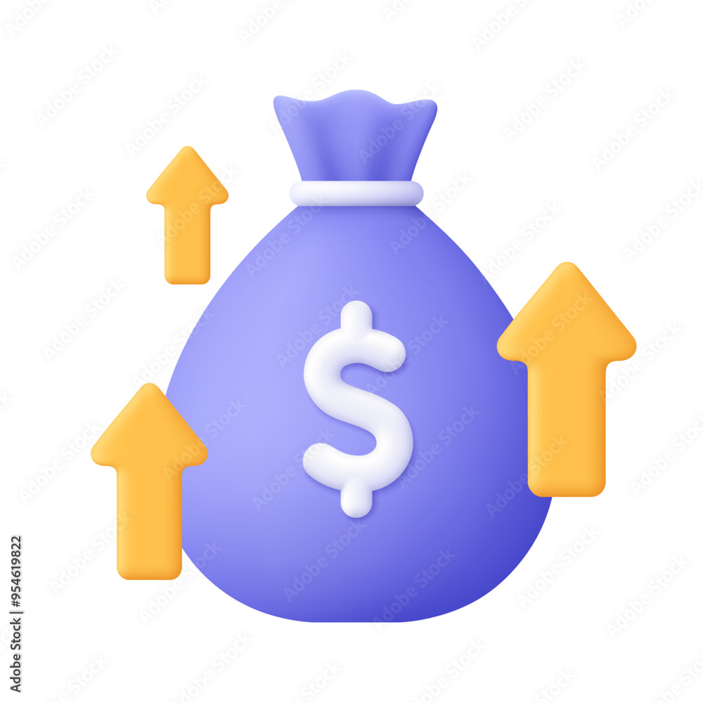 Money bag with dollar sign and growth arrow. Finance, banking, investment and financial growth concept. 3d vector icon. Cartoon minimal style.