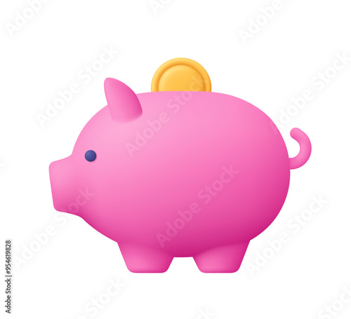 Piggy bank with falling coin. Money saving, banking, finance, economy, investment concept. 3d vector icon. Cartoon minimal style.